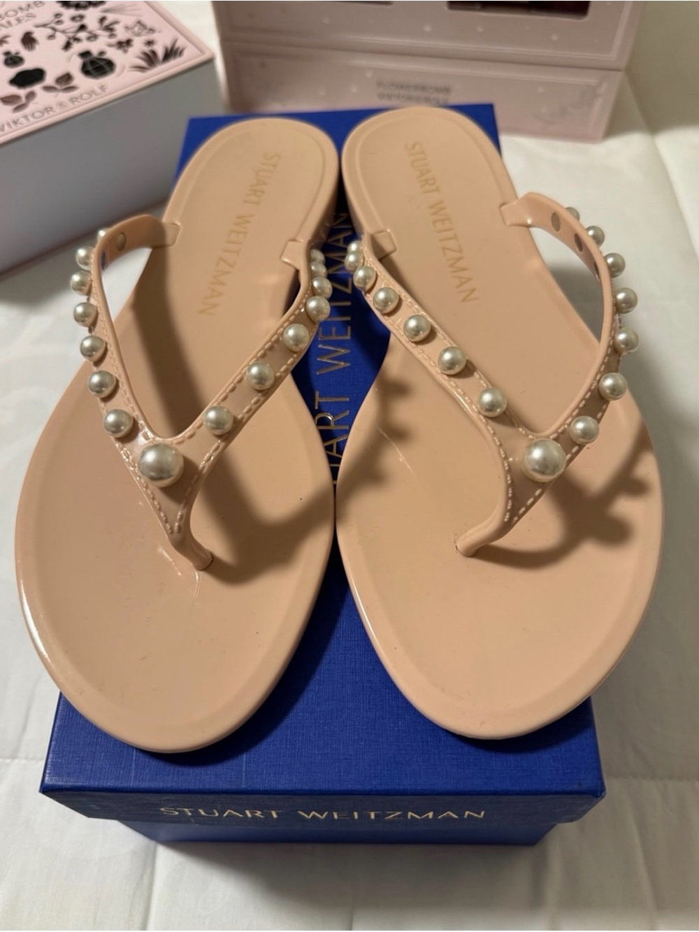 Stuart Weitzman Blush Pearl-Trim Flip Flops
